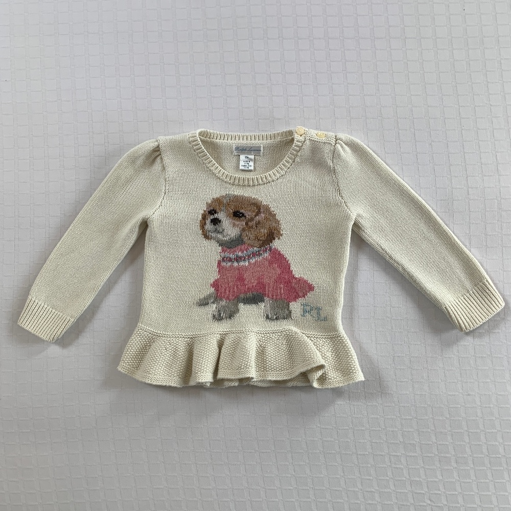 Ralph Lauren Ivory Pink Dog Intarsia-Knit Puppy Sweater 18 months Preppy HTF